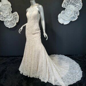 NWT~$1695~MADISON JAMES~SZ 4~CHAMPAGNE IVORY LACE FIT & FLARE WEDDING DRESS